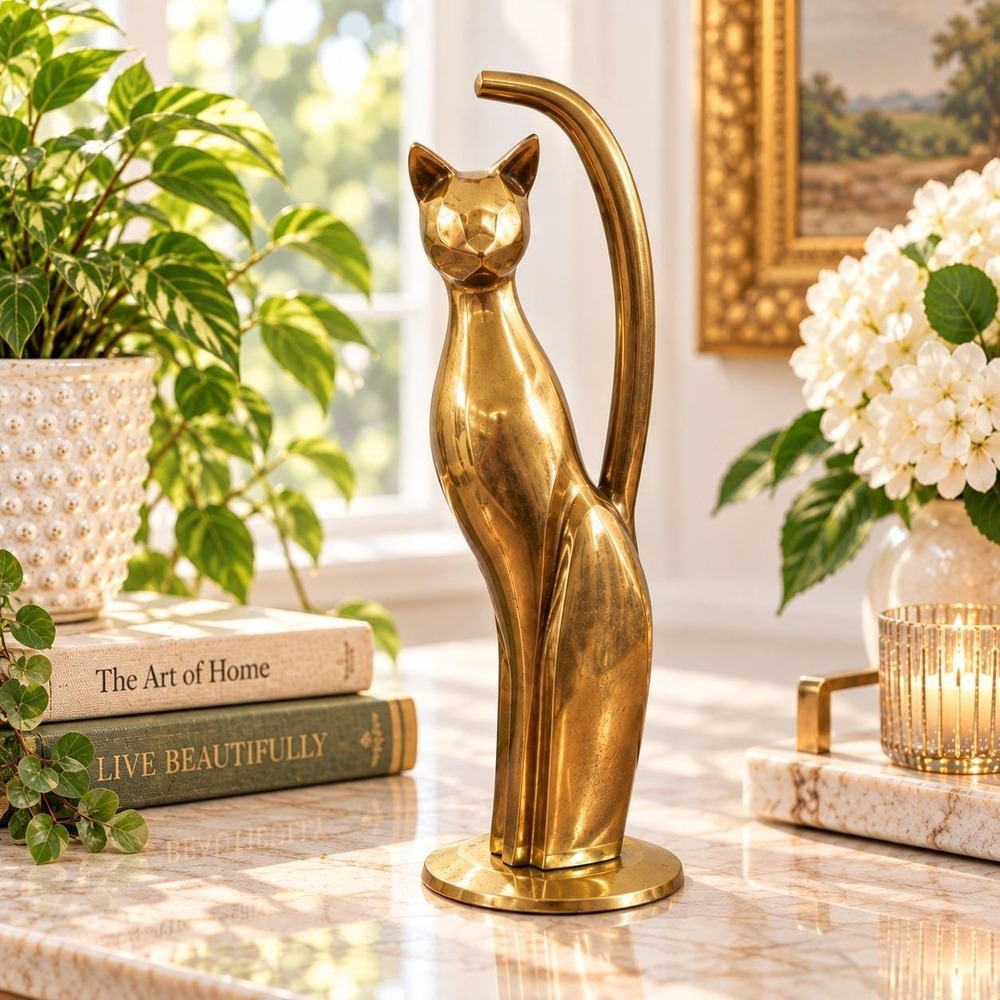 Vintage Mid Century Modern Brass Cat Figurine Paper Towel Holder 12 Inch Statue